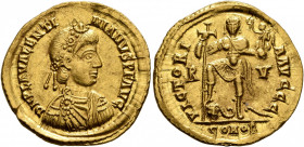 Valentinian III, 425-455. Solidus (Gold, 21 mm, 4.52 g, 7 h), Ravenna, 426-430. D N PLA VALENTINIANVS P F AVG Pearl-diademed, draped and cuirassed bus...
