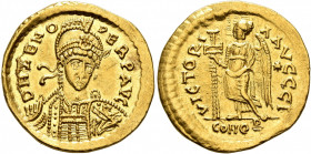 Zeno, second reign, 476-491. Solidus (Gold, 20 mm, 4.43 g, 7 h), Constantinopolis. D N ZENO PERP AVG Pearl-diademed, helmeted and cuirassed bust of Ze...
