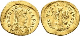 Zeno, second reign, 476-491. Tremissis (Gold, 15 mm, 1.47 g, 6 h), Constantinopolis. D N ZENO PERP AVG Diademed, draped and cuirassed bust of Zeno to ...