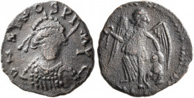 Zeno, second reign, 476-491. Nummus (Bronze, 13 mm, 1.16 g, 12 h), Nicomedia (?). D N ZINOS (sic!) P P AYC Helmeted, diademed and cuirassed bust of Ze...