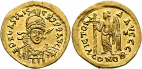 Basiliscus, 475-476. Solidus (Gold, 20 mm, 4.44 g, 6 h), Constantinopolis. D N bASILISC Ч S P P AVG Pearl-diademed, helmeted and cuirassed bust of Bas...