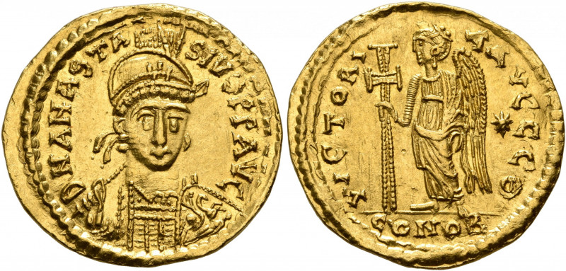 Anastasius I, 491-518. Solidus (Gold, 22 mm, 4.49 g, 6 h), Constantinopolis, 491...