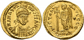 Anastasius I, 491-518. Solidus (Gold, 22 mm, 4.49 g, 6 h), Constantinopolis, 491-498. D N ANASTASIVS P P AVG Pearl-diademed, helmeted and cuirassed bu...