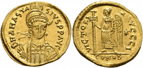 Anastasius I, 491-518. Solidus (Gold, 21 mm, 4.51 g, 6 h), Constantinopolis, 491-498. D N ANASTASIVS P P AVG Pearl-diademed, helmeted and cuirassed bu...