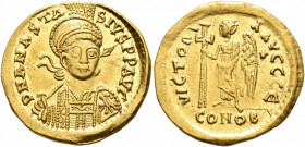 Anastasius I, 491-518. Solidus (Gold, 20 mm, 4.48 g, 7 h), Constantinopolis, 491-498. D N ANASTASIVS P P AVG Pearl-diademed, helmeted and cuirassed bu...