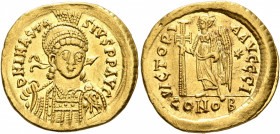 Anastasius I, 491-518. Solidus (Gold, 20 mm, 4.38 g, 7 h), Constantinopolis, 491-498. D N ANASTASIVS P P AVG Pearl-diademed, helmeted and cuirassed bu...