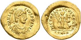 Anastasius I, 491-518. Tremissis (Gold, 14 mm, 1.32 g, 6 h), Constantinopolis. D N ANASTASIVS P P AVG Pearl-diademed, draped and cuirassed bust of Ana...