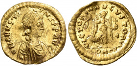 Anastasius I, 491-518. Tremissis (Gold, 15 mm, 1.42 g, 8 h), Constantinopolis. D N ANASTASIVS P P AVG Pearl-diademed, draped and cuirassed bust of Ana...