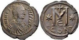 Anastasius I, 491-518. Follis (Bronze, 38 mm, 19.57 g, 6 h), Constantinopolis, 498-518. D N ANASTASIVS P P AVG Diademed, draped and cuirassed bust of ...