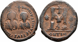 Justin I & Justinian I, 527. Follis (Bronze, 32 mm, 16.86 g, 12 h), Antiochia. D N D N IVSTINVS ЄT IVSTINIANV[S P P AVG] Diademed, draped, nimbate and...
