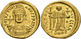 Justinian I, 527-565. Solidus (Gold, 19 mm, 4.37 g, 6 h), Constantinopolis, circa 538-545. D N IVSTINIANVS P P AVG Helmeted and cuirassed bust of Just...