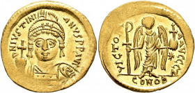 Justinian I, 527-565. Solidus (Gold, 21 mm, 4.50 g, 6 h), Constantinopolis, 545-565. D N IVSTINIANVS P P AVG Helmeted and cuirassed bust of Justinian ...