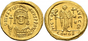 Justinian I, 527-565. Solidus (Gold, 20 mm, 4.48 g, 6 h), Constantinopolis, 545-565. D N IVSTINIANVS P P AVG Helmeted and cuirassed bust of Justinian ...