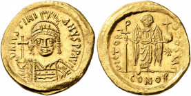Justinian I, 527-565. Solidus (Gold, 20 mm, 4.50 g, 6 h), Constantinopolis, 545-565. D N IVSTINIANVS P P AVG Helmeted and cuirassed bust of Justinian ...