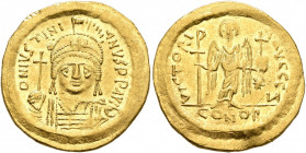 Justinian I, 527-565. Solidus (Gold, 20 mm, 4.51 g, 6 h), Constantinopolis, 545-565. D N IVSTINIANVS P P AVG Helmeted and cuirassed bust of Justinian ...
