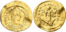 Justinian I, 527-565. Tremissis (Gold, 15 mm, 1.48 g, 7 h), Constantinopolis. D N IVSTINIANVS P P AVG Pearl-diademed, draped and cuirassed bust of Jus...