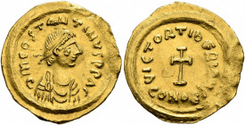 Tiberius II Constantine, 578-582. Tremissis (Gold, 16 mm, 1.48 g, 6 h), Constantinopolis. δ m COSTANTINVS P P AG Pearl-diademed, draped and cuirassed ...
