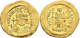 Maurice Tiberius, 582-602. Solidus (Gold, 21 mm, 4.46 g, 6 h), Constantinopolis, 583-601. O N mAVRC TIb P P AV Draped and cuirassed bust of Maurice Ti...