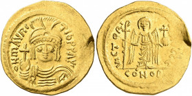 Maurice Tiberius, 582-602. Solidus (Gold, 21 mm, 4.43 g, 7 h), Constantinopolis, 583-601. O N mAVRC TIb P P AV' Draped and cuirassed bust of Maurice T...