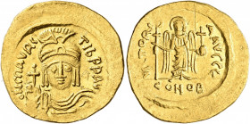 Maurice Tiberius, 582-602. Solidus (Gold, 21 mm, 4.36 g, 6 h), Constantinopolis, 583-601. O N mAVRC TIb P P AV Draped and cuirassed bust of Maurice Ti...