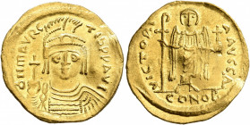 Maurice Tiberius, 582-602. Solidus (Gold, 21 mm, 4.49 g, 6 h), Constantinopolis, 583-601. O N mAVRC TIb P P AVI Draped and cuirassed bust of Maurice T...