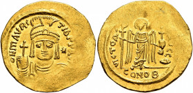 Maurice Tiberius, 582-602. Light weight Solidus of 23 Siliquae (Gold, 22 mm, 4.22 g, 7 h), Constantinopolis, 583-601. O N mAVRC TIb P P AV Draped and ...