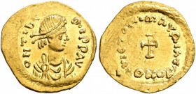 Maurice Tiberius, 582-602. Tremissis (Gold, 16 mm, 1.48 g, 6 h), Constantinopolis. O N TIbЄRI P P AV Pearl-diademed, draped and cuirassed bust of Maur...