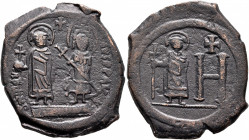 Maurice Tiberius, with Constantina and Theodosius, 582-602. Follis (Bronze, 32 mm, 12.29 g, 1 h), Cherson, 584-602. O N MAVRIC TibЄR P P AVG Maurice T...