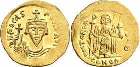 Phocas, 602-610. Solidus (Gold, 21 mm, 4.38 g, 7 h), Constantinopolis, 607-610. δ N FOCAS PERP AVI Draped and cuirassed bust of Phocas facing, wearing...
