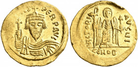 Phocas, 602-610. Solidus (Gold, 21 mm, 4.49 g, 7 h), Constantinopolis, 607-610. δ N FOCAS PERP AVI Draped and cuirassed bust of Phocas facing, wearing...