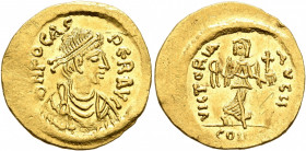 Phocas, 602-610. Semissis (Gold, 18 mm, 2.24 g, 6 h), Constantinopolis, 607-610. δ N FOCAS PЄR AVG Pearl-diademed, draped and cuirassed bust of Phocas...