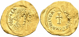 Phocas, 602-610. Tremissis (Gold, 18 mm, 1.50 g, 7 h), Constantinopolis, circa 607-610. δ N FOCAЄ P P A[VG] Pearl-diademed, draped and cuirassed bust ...