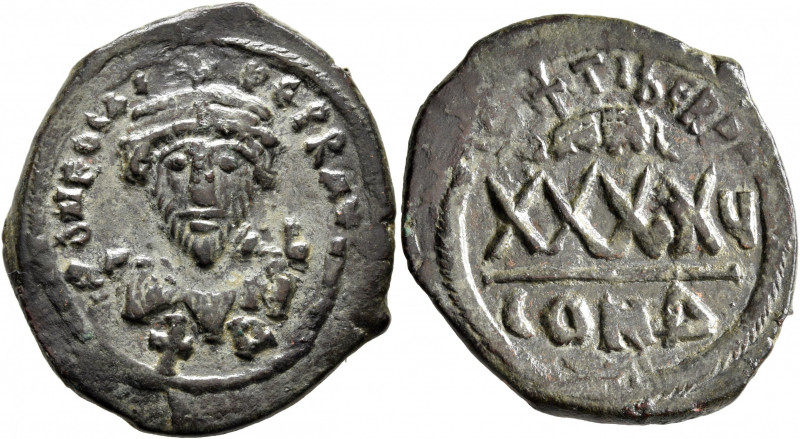 Phocas, 602-610. Follis (Bronze, 32 mm, 11.28 g, 7 h), Constantinopolis, RY 5 = ...