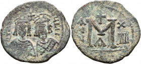 Revolt of the Heraclii, 608-610. Follis (Bronze, 29 mm, 8.28 g, 6 h), Alexandretta or Alexandria, IY 13 = AD 609. δm N ЄRACLIO CONSULII Bare-headed an...