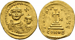 Heraclius, with Heraclius Constantine, 610-641. Solidus (Gold, 21 mm, 4.37 g, 6 h), Constantinopolis, circa 613-616. dd NN hERACLIЧS ET hERA CONST PP ...