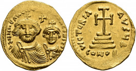 Heraclius, with Heraclius Constantine, 610-641. Solidus (Gold, 20 mm, 4.35 g, 6 h), Constantinopolis, circa 616-625. dd NN hERACLIЧS ET hERA CONST P P...