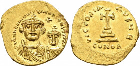 Heraclius, with Heraclius Constantine, 610-641. Solidus (Gold, 21 mm, 4.37 g, 6 h), Constantinopolis, circa 616-625. δδ NN ҺЄRACLIЧS ЄT ҺЄRA CONST P P...