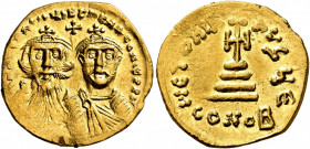 Heraclius, with Heraclius Constantine, 610-641. Solidus (Gold, 20 mm, 4.30 g, 7 h), Constantinopolis, circa 629-631. δδ NN hЄRACLIЧS ЄT hЄRA CONST PP ...