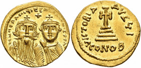 Heraclius, with Heraclius Constantine, 610-641. Solidus (Gold, 21 mm, 4.44 g, 6 h), Constantinopolis, 629-631. δδ NN hЄRACLIЧS ЄT hЄRA CONST PP AV Cro...