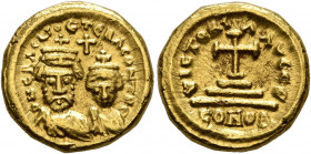 Heraclius, with Heraclius Constantine, 610-641. Solidus (Gold, 13 mm, 4.46 g, 6 h), Carthage, indictional year Є (5) = 616/7. D N ЄRACLIO ЄT ЄRA CONST...