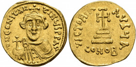 Constans II, 641-668. Solidus (Gold, 18 mm, 4.36 g, 6 h), Constantinopolis, 641-646. δ N CONSTANTINЧS P P AV' Crowned, draped and beardless bust of Co...