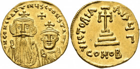Constans II, with Constantine IV, 641-668. Solidus (Gold, 19 mm, 4.42 g, 7 h), Constantinopolis, circa 654-659. δ N CONSTANTINЧS C CONSTANT Crowned an...