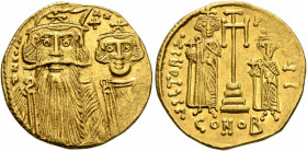 Constans II, with Constantine IV, Heraclius, and Tiberius, 641-668. Solidus (Gold, 19 mm, 4.38 g, 6 h), Constantinopolis, circa 659-661. δ N CONSAN[.....