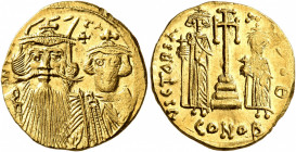 Constans II, with Constantine IV, Heraclius, and Tiberius, 641-668. Solidus (Gold, 19 mm, 4.48 g, 7 h), Constantinopolis, circa 661-663. δ N[...]AN[.....