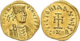Constans II, 641-668. Tremissis (Gold, 17 mm, 1.48 g, 6 h), Constantinopolis. δ N COSTANTINЧS P P V Diademed, draped and cuirassed bust of Constans II...