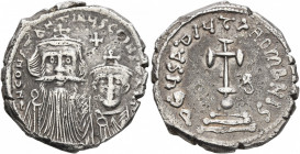 Constans II, with Constantine IV, 641-668. Hexagram (Silver, 22 mm, 6.67 g, 6 h), Constantinopolis, 654-659. δ N CONSTANTINЧS C CONSTA' On the left, c...