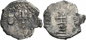 Constans II, with Constantine IV, 641-668. Hexagram (Silver, 22 mm, 4.16 g, 6 h), a contemporary imitation, irregular mint, after 654. δ N CONSTANTINЧ...