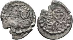 Constans II, with Constantine IV, Heraclius, and Tiberius, 641-668. Half Siliqua (Silver, 12 mm, 0.83 g, 6 h), Carthage, 662-668. Facing busts of Cons...