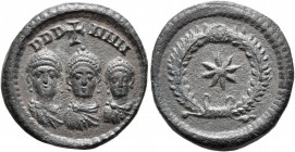 Valentinian II, with Theodosius I and Arcadius, 375-392. Exagium Solidi (Bronze, 20 mm, 4.17 g, 5 h), Constantinopolis, 383-392. DDD NNN Diademed and ...