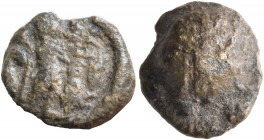 Anonymous, circa 300-350. Seal (Lead, 13 mm, 3.00 g). The sacrifice of Isaac: Abraham standing right, his head turned to left, holding dagger in his u...